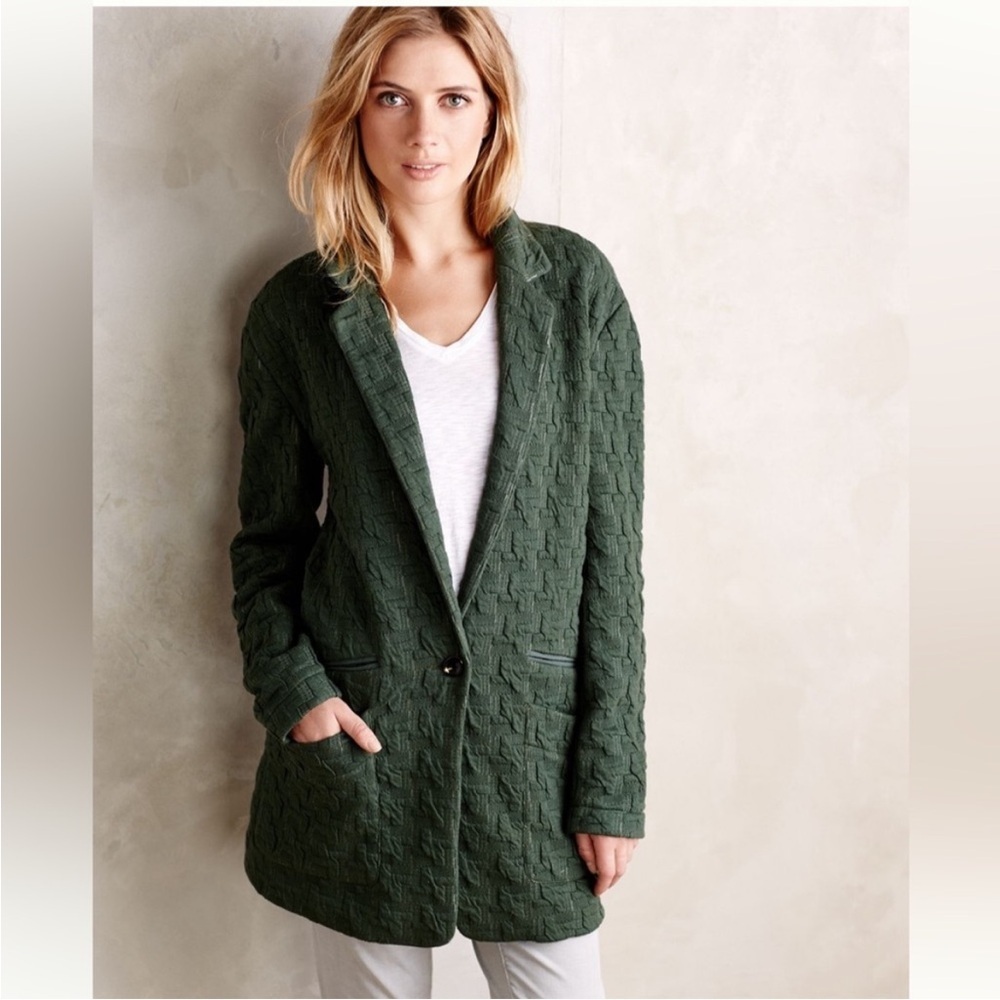 Anthropologie Cartonnier Extended Houndstooth Blazer in green cotton - Picture 1 of 10
